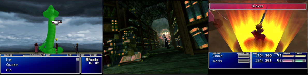 3 screenshots from final fantasy 7, featuring interesting camera angles. The first image is looking up at a large serpent from behind the player's party. The second is a dutch angle from the ground looking down a hallway, where Sephiroth is surrounded by a soft glow. And the third is a close up from aboth Cloud, where he is building power to do the attack 'Braver' there is a bright orange glow building up around him.