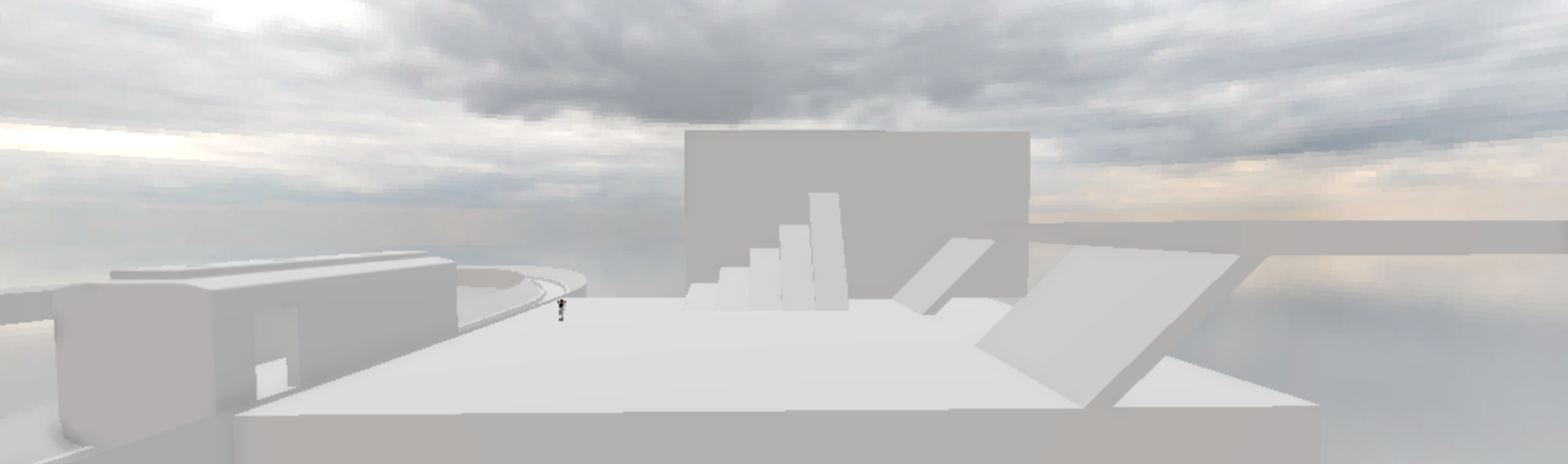 A wide angle view of a demo scene. There is a small environment made of white blocks, which features ramps of varying angles to test walk-angles, as well as a simple train blockout to test tight camera angles in.