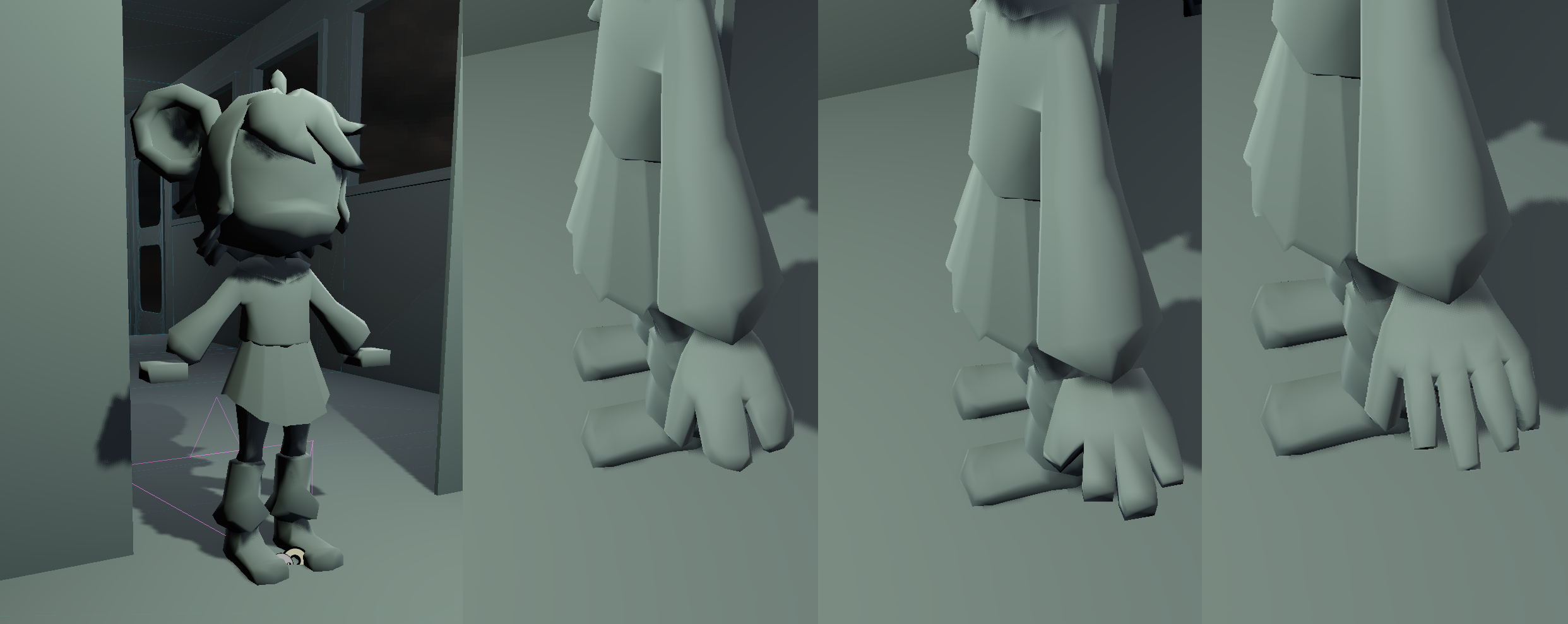 2 Screenshots in a greybox scene, where the camera is focused on a 