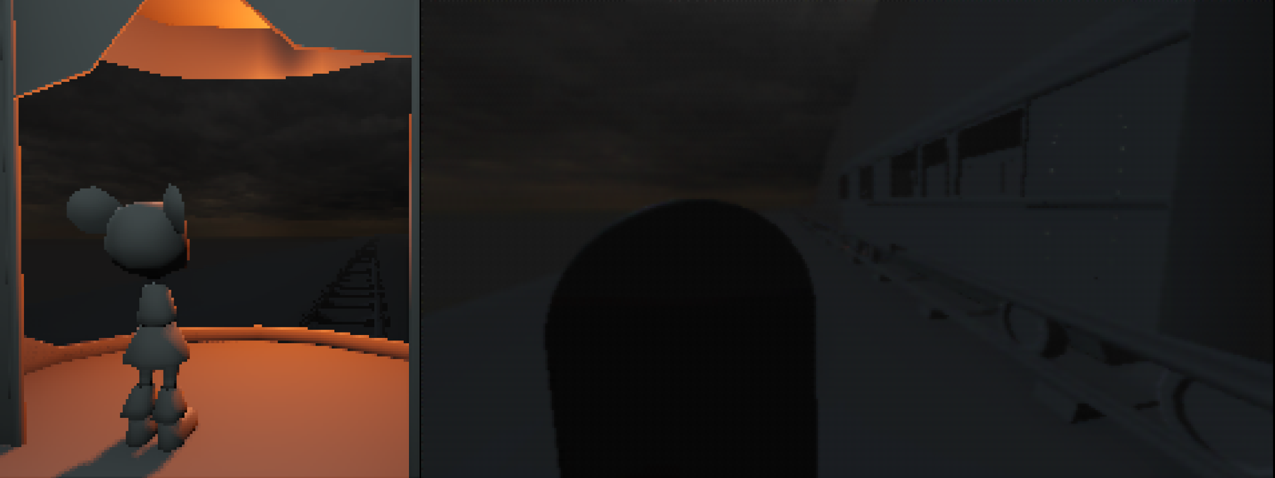 2 Screenshots in a greybox scene, where the camera is focused on a 